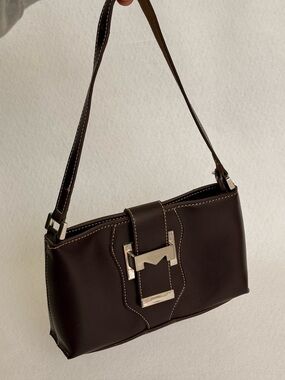 Y2K Brown Faux Leather Baguette Shoulder Bag Silver Buckle Flap